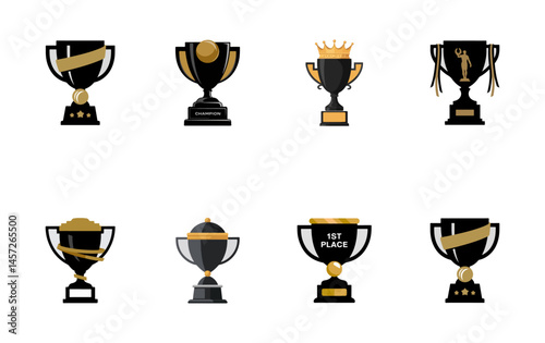Set of 8 Trophy Icon Silhouettes in Black Vector Style for Awards and Competitions