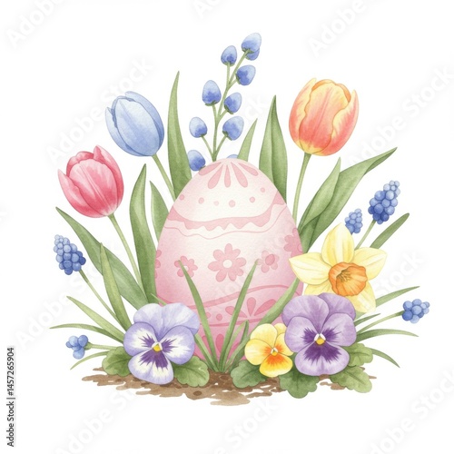 Pastel Pink Easter Egg with Spring Tulips and Pansies
