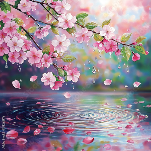 beautiful colorful Japanese spring's flowers, cherry blossoms, beautiful water ripples in the puddle, in the mountains, in the beautiful forest, leaves, nature, beautiful rain drops, beautiful fog, o