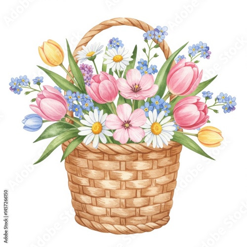 Pastel Watercolor Flower Basket with Tulips and Daisies