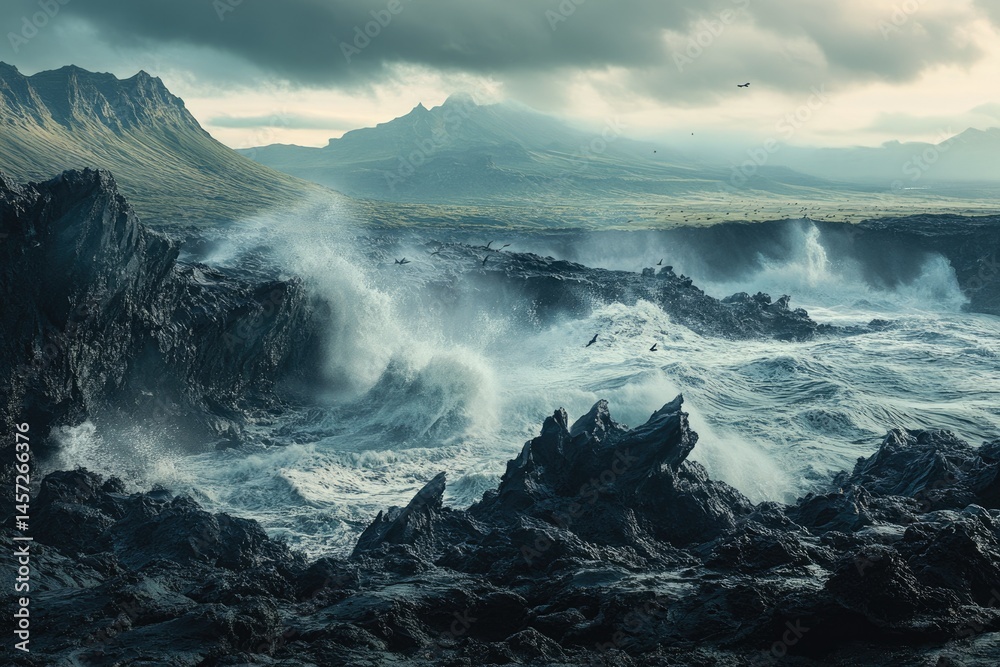 Fototapeta premium Dramatic waves crashing against dark volcanic rocks under a stormy sky, creating a powerful and awe-inspiring seascape.