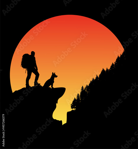 Vektor Silhouette - Wanderer mit Rucksack und Hund auf einem Felsen - Sonnenuntergang in der Natur - Outdoor Romantik 
