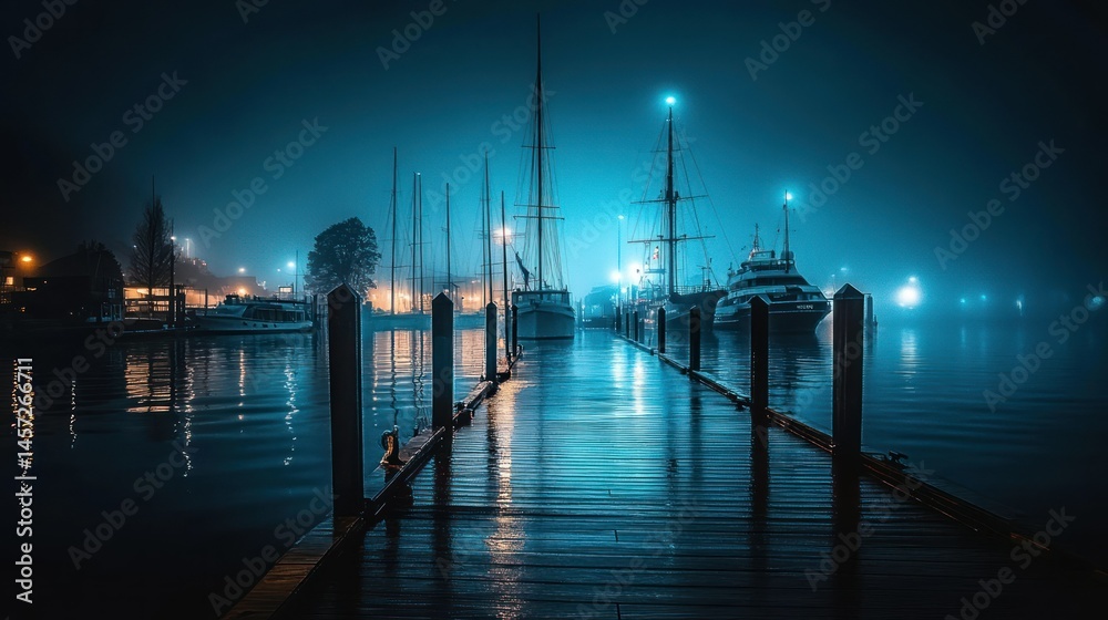 Fototapeta premium Boats Docked At A Pier Reflected In Calm Evening Waters