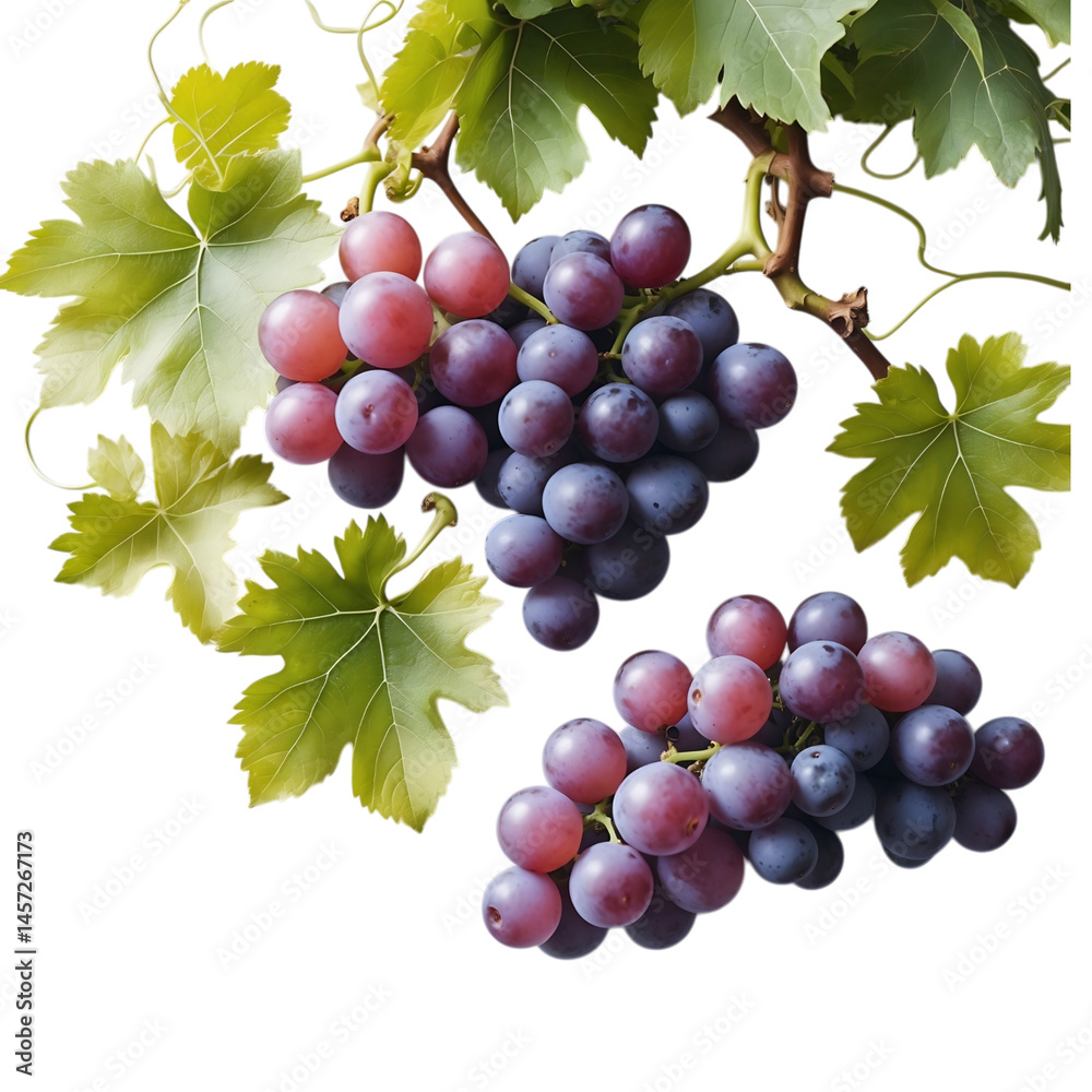Fototapeta premium Grapes on Vine with Green Leaves and Purple Fruit