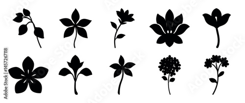 Set of stylized black flower and leaf silhouettes isolated on white background