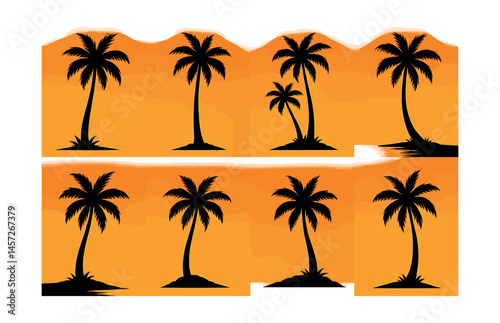 Tropical palm silhouettes icons set – exotic, beach, sunset, nature, coconut, island, coastal. Vector icons set
