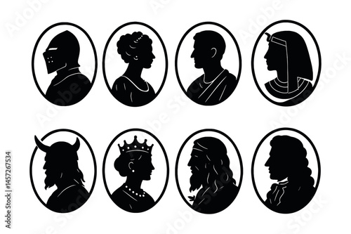 Historical figure cameos icon set – knight, queen, caesar, pharaoh, viking, king, philosopher, scientist. Vector icons set