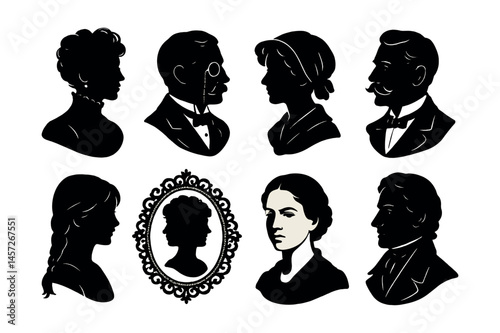 Victorian silhouette cameos icon set – elegant profiles, portraits, historic figures. Vector icons set