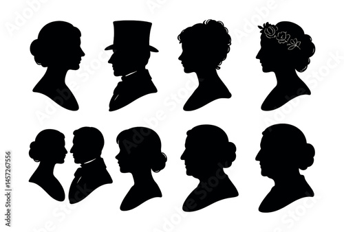 Classic cameo silhouettes icons set – profiles, vintage, portraits, retro, elegant. Vector icons set