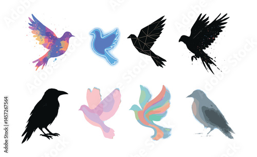 Artistic bird silhouettes icons set – cosmos, neon, geometric, artistic, grunge, silhouette, abstract. Vector icons set