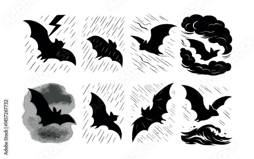 Stormy night bats icons set – thunder, rain, clouds, silhouettes, waves. Vector icons set
