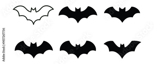 Minimalist bat silhouettes set – wings, flight, night, halloween, gothic. Vector icons set