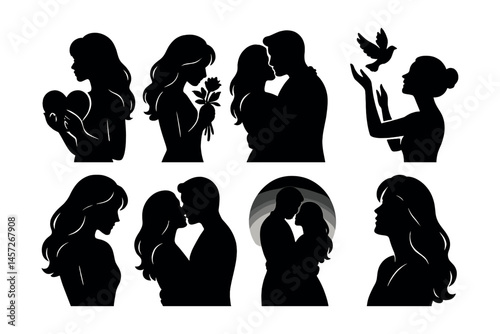 Romantic silhouette icons set: love, kiss, couple, heart, rose, embrace. Vector icons set