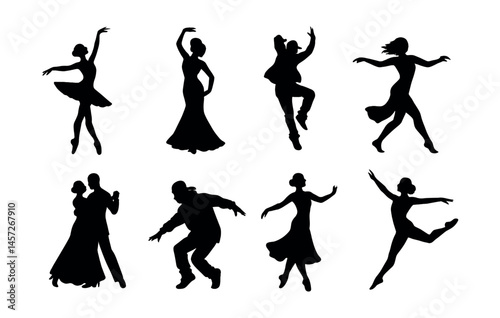 Dancing silhouette icons set – ballet, tango, hip-hop, salsa, waltz, flamenco, jazz. Vector icons set