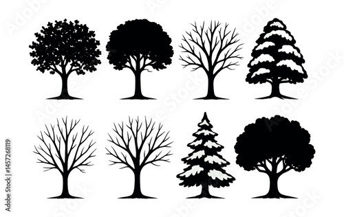 Seasonal tree silhouettes set – oak, maple, evergreen, pine, bare, foliage. Vector icons set