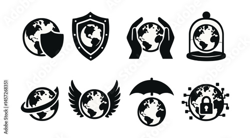 Earth protection icons set – shield, hands, dome, wings, umbrella, lock, planet. Vector icons set
