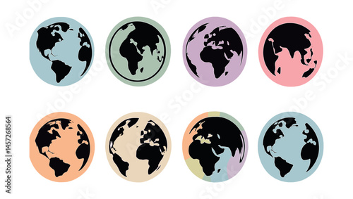 Pastel earth silhouette icons set – globe, continents, map, world, earth, planet, geography, circle. Vector icons set