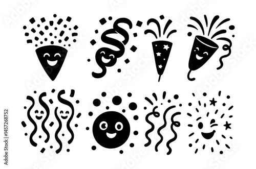 Joyful celebration icons set – confetti, party horns, streamers, smiley faces, stars. Vector icons set