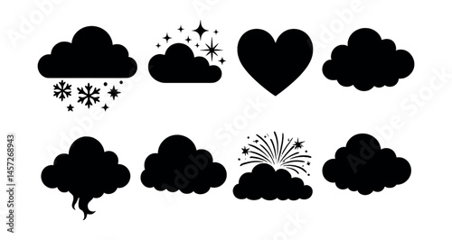 Festive cloud icons set – stars, heart, snowflakes, firework, decorative clouds. Vector icons set