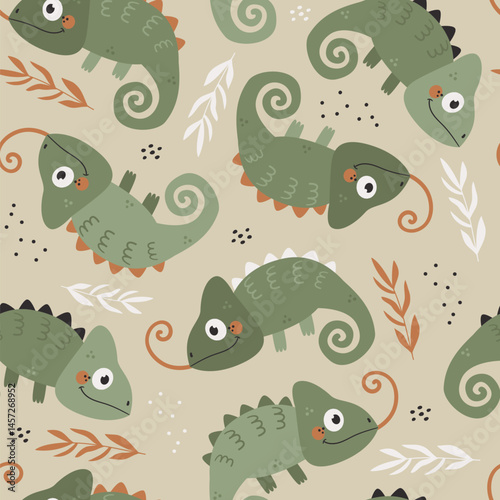 Vector seamless pattern with cute chameleons.