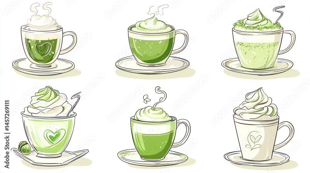 Assortment of matcha drinks with whipped cream, served in various cups Assortment of matcha drinks with whipped cream, served in various cups