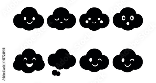 Cartoon cloud icon set – happy, sad, sleepy, surprised, smiling, thoughtful, winking, simple. Vector icons set