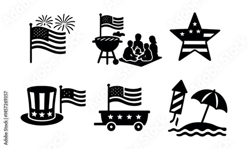 4th of july celebration icons set – flag, fireworks, bbq, star, family, hat, rocket, beach. Vector icons set