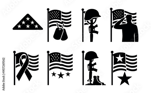 Military tribute icons set – flags, helmets, soldiers, stars, ribbons. Vector icons set