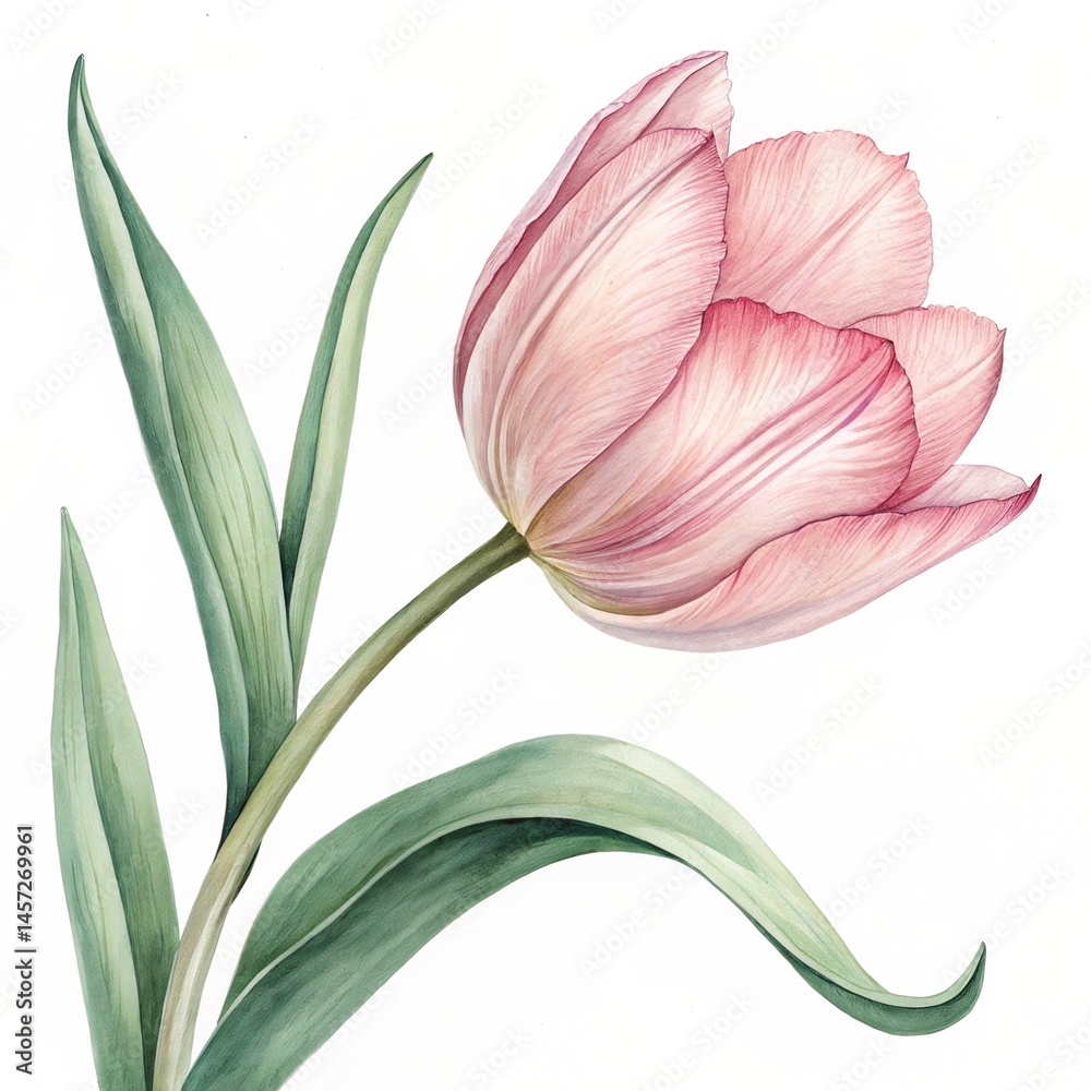 Fototapeta premium Watercolor Darwin Tulip: Elegant Pink Flower Illustration with Green Leaves