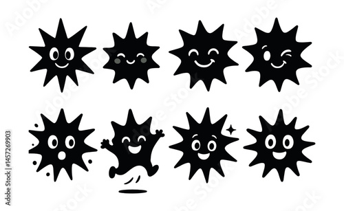Adorable starburst icons set – happy, wink, jumping, expressive, cute emotions, playful faces. Vector icons set
