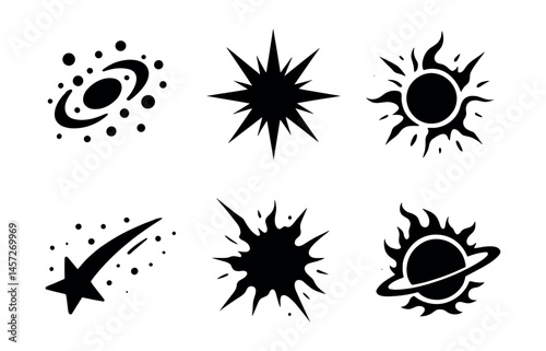 Cosmic silhouette icons set – galaxy, sunburst, meteor, orbit, explosion, solar flare. Vector icons set