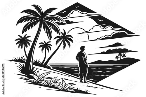 21 Beach sunset silhouette, tropical paradise, palm trees, lone figure on shore, dramatic sky, black and white illustration, minimalist art style, peaceful oceanscape, geometric shapes, stark contrast