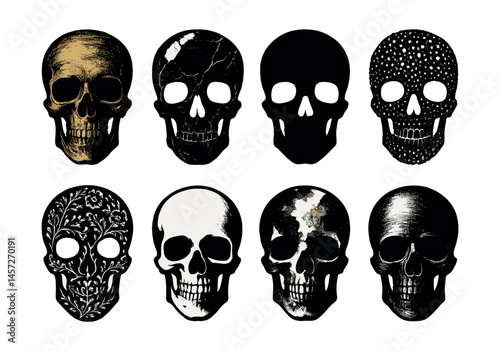 Artistic skulls icons set – elegant, floral, abstract, textured, simple, black, gold, ornamental. Vector icons set
