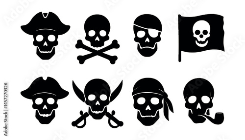 Pirate skull icons set – captain, crossbones, eyepatch, bandana, swords, flag, pipe. Vector icons set