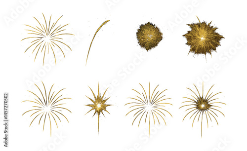 Golden fireworks icons set – celebration, burst, sparkle, festive, light, explosion, radiant, shine, bright. Vector icons set