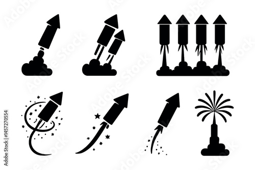 Rocket and fireworks icon set – launch, celebration, sparkle, party, festival. Vector icons set