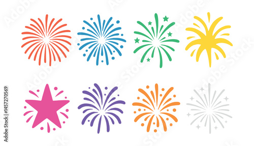 Vibrant firework icons set – bright, celebratory, festive, colors, night, burst, star, boom, sky, explosive. Vector icons set