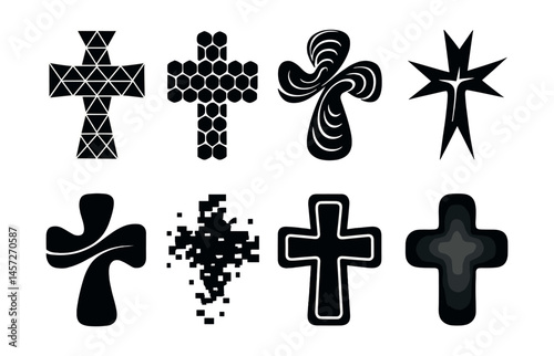 Abstract geometric crosses icon set – modern, patterned, pixelated, spiral, mosaic. Vector icons set