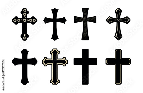 Elegant luxury crosses icon set – ornate, silhouette, design, gothic, religious, black, gold, decorative. Vector icons set