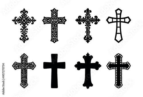 Decorative cross icons set – floral, ornate, gothic, simple, traditional, intricate, classic, elegant. Vector icons set