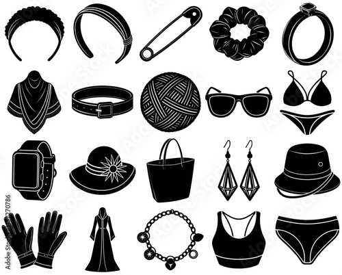 A vintage vector set features hipster fashion icons and different accessories like a, hat, glasses, and a retro gentleman silhouette, embodying a stylish collection