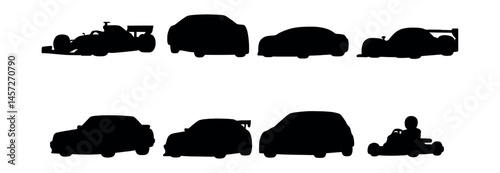 Silhouette race cars icons set – formula, sedan, coupe, le mans, rally, hatchback, go-kart. Vector icons set
