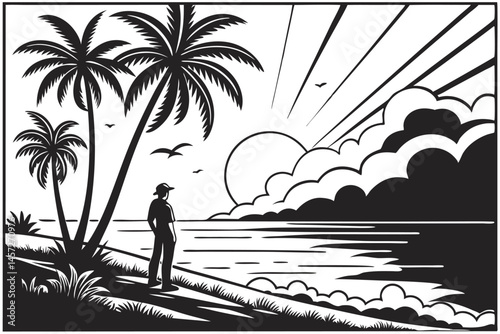 21 Beach sunset silhouette, tropical paradise, palm trees, lone figure on shore, dramatic sky, black and white illustration, minimalist art style, peaceful oceanscape, geometric shapes, stark contrast