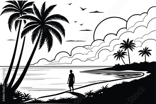 21 Beach sunset silhouette, tropical paradise, palm trees, lone figure on shore, dramatic sky, black and white illustration, minimalist art style, peaceful oceanscape, geometric shapes, stark contrast