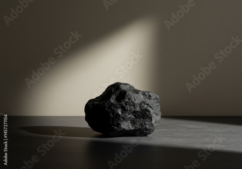 A close-up shot presents a textured black rock illuminated by striking light and shadow.