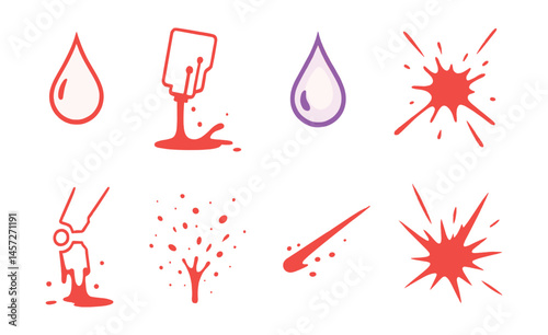 Futuristic neon sci-fi blood effects icons set – drops, splashes, spills, drips. Vector icons set