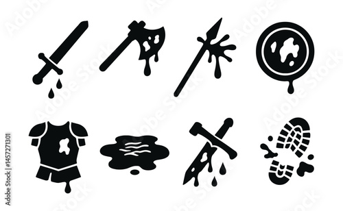 Battlefield elements icons set – sword, axe, spear, shield, armor, blood, footprint, puddle. Vector icons set
