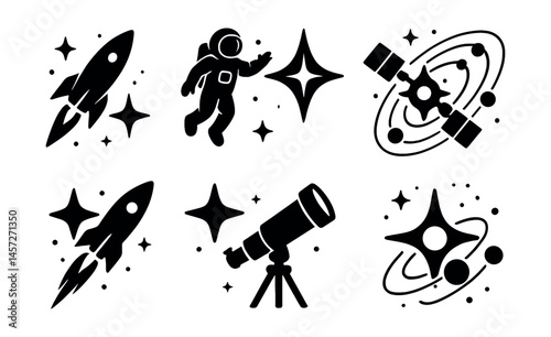 Silhouette space icons set – rocket, astronaut, telescope, stars, satellite, galaxy. Vector icons set