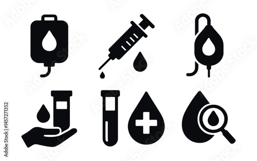 Medical blood icons set – syringe, drop, test tube, bag, donation, analysis. Vector icons set