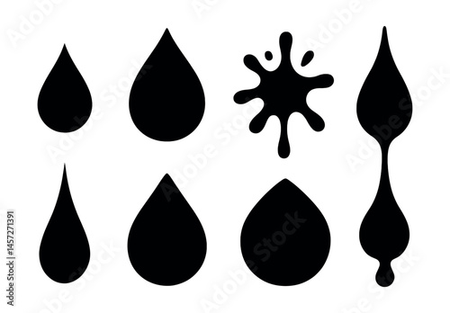 Blood drop icon set – drops, splash, abstract, silhouettes, fluid designs, medical themes. Vector icons set